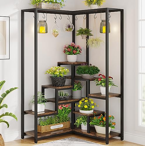 Tribesigns 70.9 Inches Tall Corner Plant Stand, Industrial 8-Tier Indoor Corner Plant Shelf with 10 S-Hooks, Large Metal Plant Display Rack Holder, Flower Stand for Indoor, Living Room, Balcony