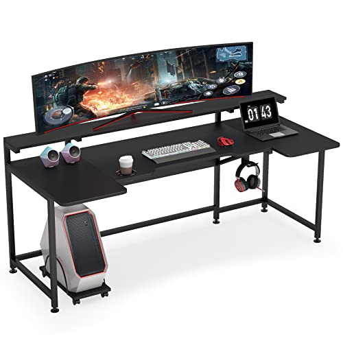  Sleepmax 63 Inch Gaming Desk, Heavy-Duty Gaming Computer Table  with Carbon Fiber Surface & Large Mouse Pad, Black PC Desk Gamer Setup with  Cup Holder, Headphone Hook & Adapter Organizer 