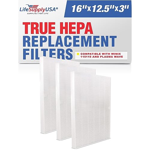 True HEPA Air Cleaner Filter Replacement 115115 Compatible with Winix PlasmaWave WAC5300, WAC5500, WAC6300, 5000, 5000b, 5300, 5500, 6300 & 9000, Size 21 by LifeSupplyUSA (3-Pack)