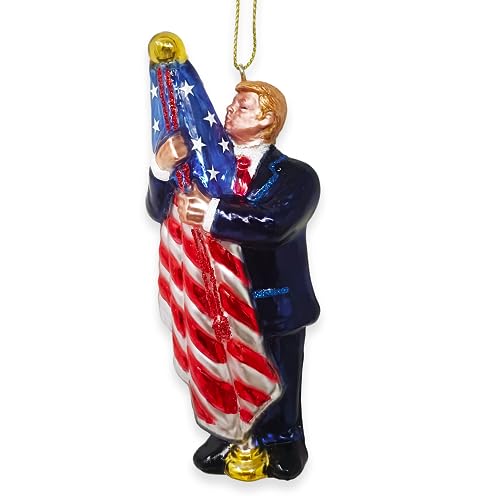 Trump Kissing American Flag Glass Christmas Ornament