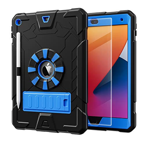 TSQQST iPad Case 9th Generation Case for Kids Boys 2021 | iPad 10.2 Inch Case 9/8/7 Gen with Glass Screen Protector+Pencil Holder+Stand | Heavy Duty Rugged Case for iPad 8th 7th Generation |Blue Black