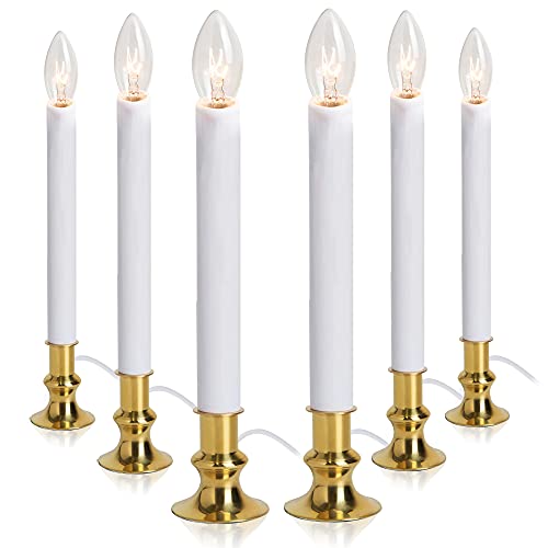 TUDAK Electric Christmas Window Candle Lamp with Brass Plated Base, Dusk to Dawn | Auto Sensor | Turns Candle on in Dark and Off in Light, Ready to Use! | 6 Pack