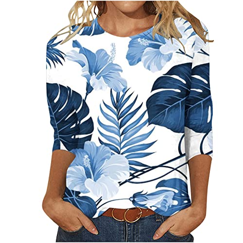 Tuianres Women's 3/4 Sleeve Blouses - Retro Print Basic Blouse