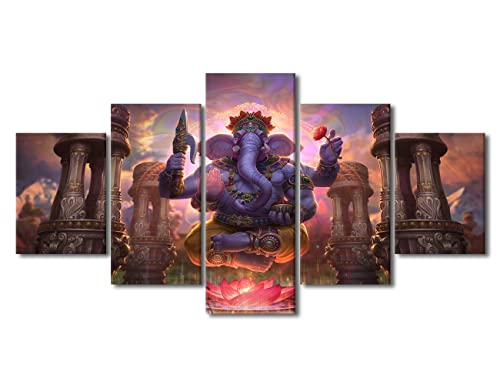 TUMOVO Art Work for Home Walls Hindu God Ganesha Art Paintings Indian Religious Pictures for Living Room Wall Decoration Multi Panel Wall Art Giclee Gallery-Wrapped Posters and Prints, 60"x32"