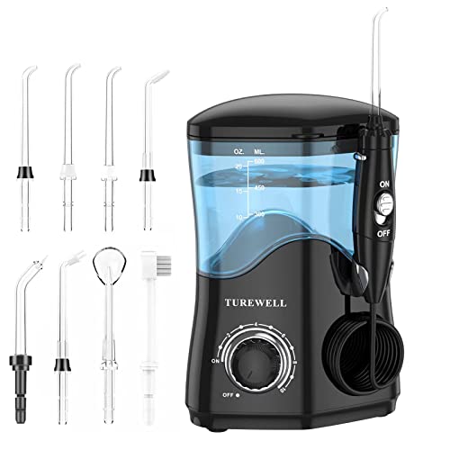 TUREWELL Water Dental Flosser for Teeth/Braces, Teeth Cleaner Pick 8 Jet Tips and 10 Pressure Levels, 600ML Large Water Tank Oral Irrigator for Family(Black)