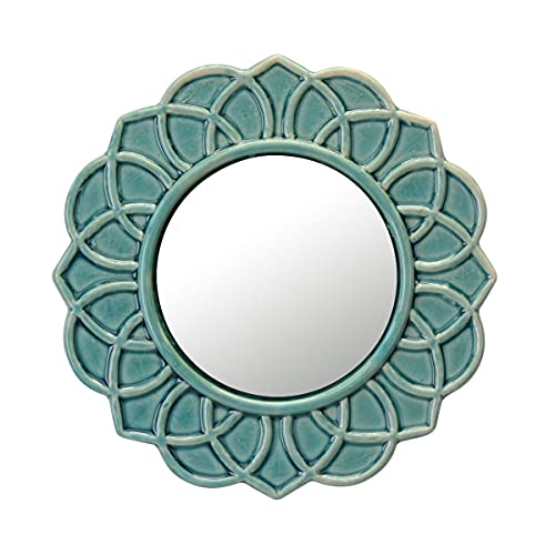 Turquoise Round Floral Ceramic Accent Wall Mirror