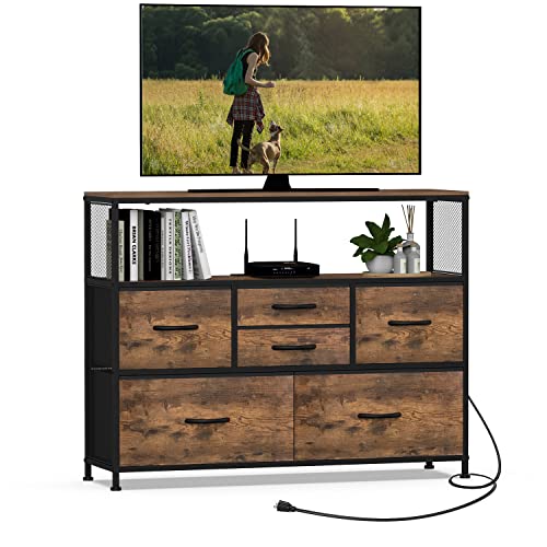 TV Stand with Power Outlet and Fabric Drawers