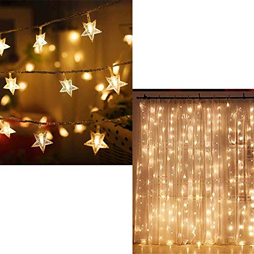 Twinkle Star 100 LED 49 FT Star String Lights, Warm White | 300 LED Window Curtain String Light, Warm White