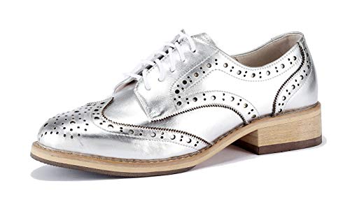 U-lite Women Mirror-Shine Leather Lace-up Perforated Wingtip Rope and Rubber Platform Oxford Shoes Silver 8