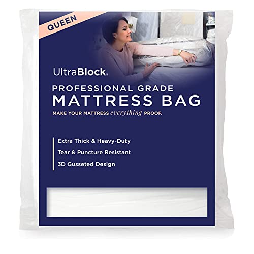 Ultrablock Mattress Bags for Moving or Storage – 6 Mil Reusable Plastic Cover, Tear and Puncture Resistant, Non-Slip Grip, Extra Thick Queen Size Bag – Moving Supplies