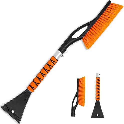 SEAAES Upgraded Extendable Ice Scraper and Snow Brush for Car, Reinforced  360° Rotatable Brush Head, Aviation Aluminum Pole and Soft Foam Grip