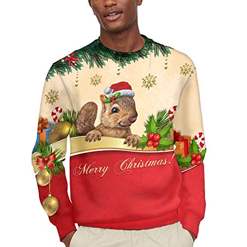 UNICEU Trendy Unisex Ugly Christmas Sweatshirts 3D Xmas Squirrel Ornament Gifts Printed Pullover Long Sleeve Sweater Shirts Red (XX-Large)