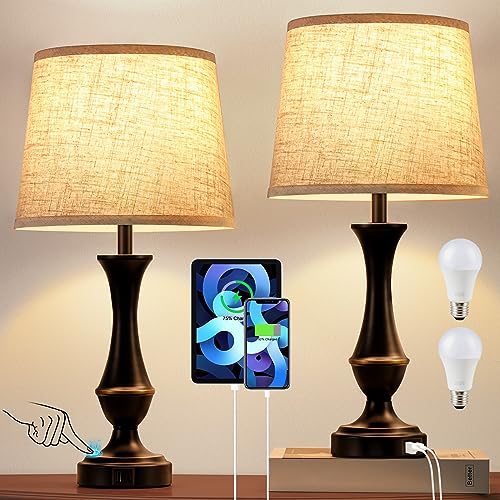 Upgraded Touch Lamps for Bedrooms Set of 2 - Nightstand Table Lamp with USB C+A, 3 Way Dimmable Bedside Lamps for Living Room End Tables, Farmhouse Night Stand Lamps for Office(Bulb Included)