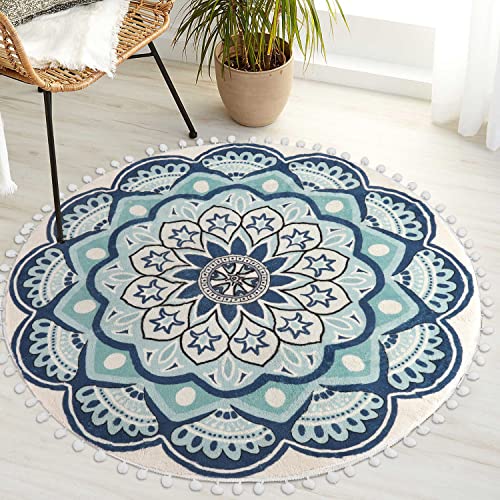 Uphome Boho Mandala Rug with Pom Pom Fringe