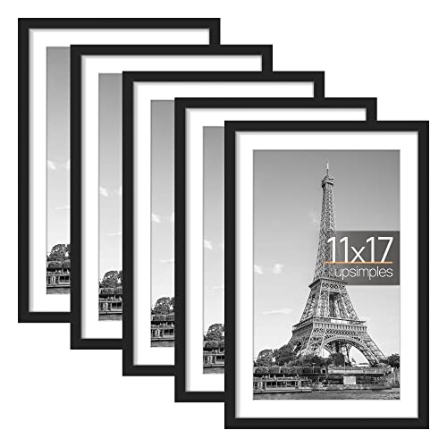 upsimples 11x17 Picture Frame Set of 5, Display Pictures 9x15 with Mat or 11x17 Without Mat, Wall Gallery Photo Frames, Black