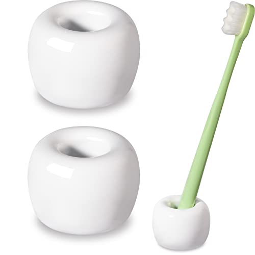 Urbanstrive Sleek Mini Ceramics Toothbrush Holder Stand for Bathroom Vanity Countertops, White, 2 Pack
