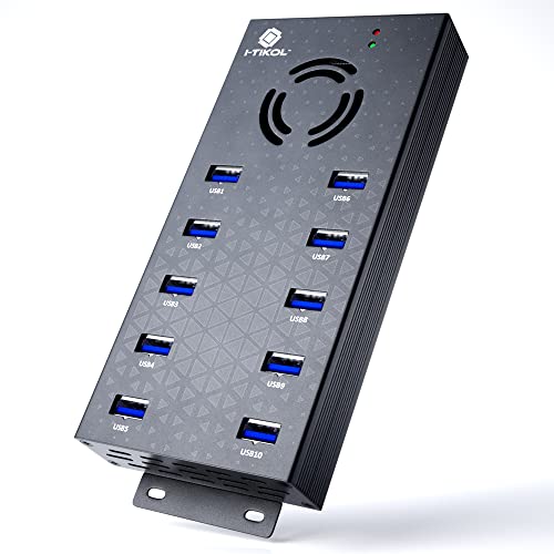 USB 3 0 Hub - 10 Ports Powered USB Hub - Charging & High-Speed Data Transfer USB Expander Hub - up to 5Gbps High-Speed USB Splitter - Aluminum Alloy Multiple USB Port Hub for Laptop Phone Tablet PC