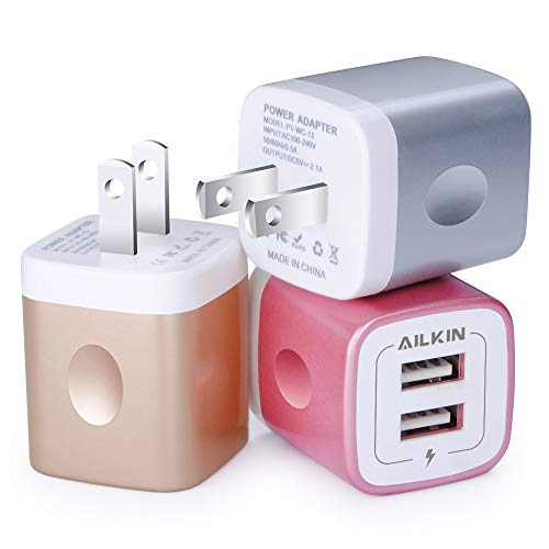 USB Charging Box, Phone Charger Adapter, AILKIN 3-Pack 2.1Amp Dual Port Fast Charge Wall Charger Plug Cube Base Block for iPhone 14 13 Pro Max/12/11/SE/X/8/7/6S Plus/6, Samsung, Kindle Power Adapter