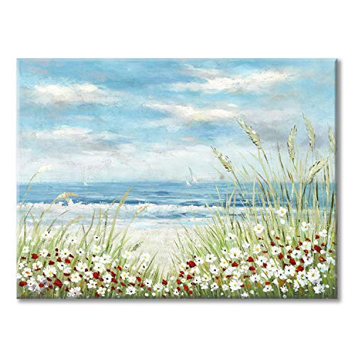 UTOP-art Beach Scene Canvas Wall Art: Seaside White Wildflower & Blue Ocean Seascape Painting Picture Artwork for Bedroom Wall Decoration (24” x 18'' x 1 Panel)