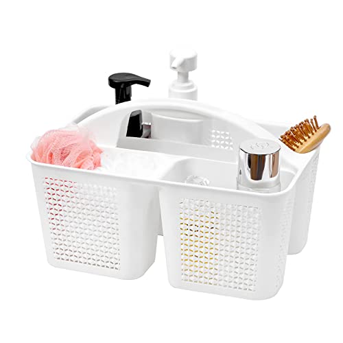 UUJOLY Plastic Portable Shower Caddy Basket Bucket, Cleaning Shower Basket with Handle Compartments Storage Basket Organizer for Bathroom Kitchen College Dorm Sink, White