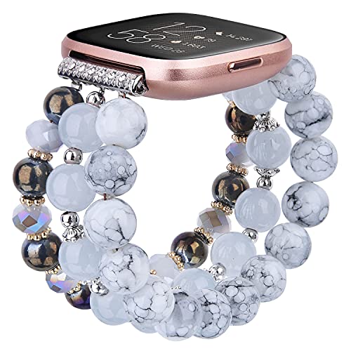 V-MORO Bracelet Compatible with Fitbit Versa 2 Bands/Fitbit Versa Bands Women Fashion Versa Band Handmade Elastic Stretch Beads Replacement for Fitbit Versa/Lite Edition/Versa 2/Special Edition Girls Gray Marble