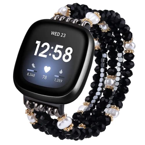 V-MORO Bracelet Compatible with Fitbit Versa 4/Sense 2 Bands for Women, Dressy Elastic Stretchy Bling Pearl Strap Wristbands Replacement for Fitbit Sense 2/Versa 4/Versa 3/Sense Black