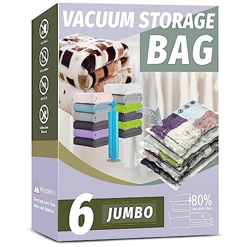 Vacuum Storage Bags, 6 Jumbo Space Saver Vacuum Seal Sealer Bags with Pump for Clothes, Comforters, Blankets (6J)