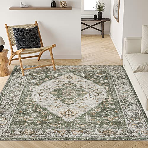 Valenrug Washable Rug 5x7 - Ultra Thin Green Collection Area Rug, Stain Resistant Non-Skid Rugs for Living Room, Persian Boho Bedroom Rugs(5'x7', TPR26-Green)