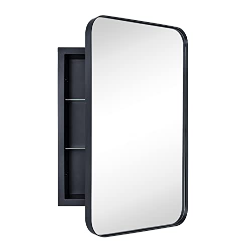 VANA NALA Matt Black Recessed Bathroom Mirror Wall Cabinet with Mirror Stainless Steel Frame Medicine Cabinet with Mirror Vanity Mirrors for Wall 16 x 24 ''