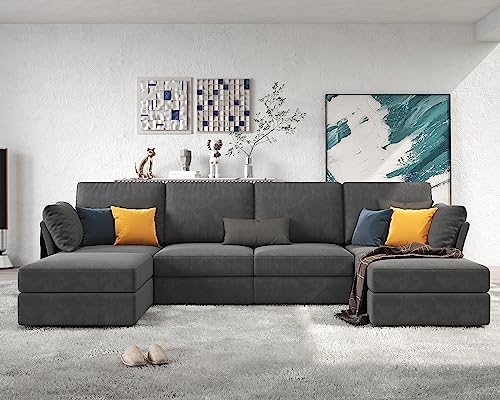 VANACC 131 Inches Modular Sectional Sofa, 6 Seats U Shaped Sofa with Chaise, Oversized Sectional Sofa with Storage, Ottomans- Chenille Gray