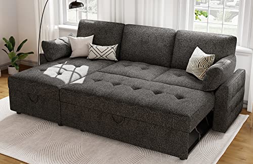 VanAcc Pull Out Sofa Bed, Modern Tufted Convertible Sleeper Sofa, Chenille Sleeper Sectional Couch Bed with Storage Chaise, L Shaped Sofa Couch for Living Room (Dark Grey)