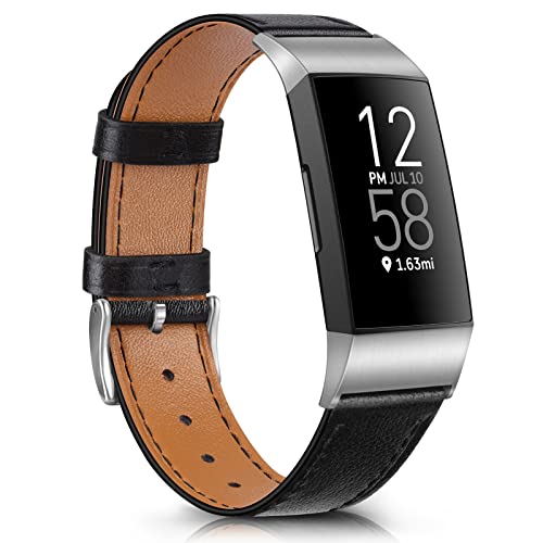 VANCLE bands for Fitbit Charge 4 Band/Fitbit Charge 3 Band for Women Men, Leather Wristband with Metal Connectors for Fitbit Charge 3 / Fitbit Charge 4 (Black)