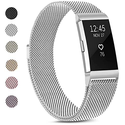 VANCLE Metal band Compatible with Fitbit Charge 2 Bands for Women Men, Stainless Steel Mesh Breathable Wristband with Adjustable Magnet Clasp for Fitbit Charge 2 band(Silver,Small)