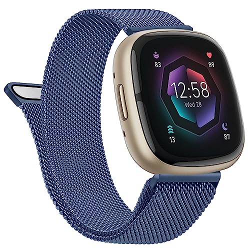 Vanjua Metal Band for Fitbit Sense 2 / Sense Bands, Fitbit Versa 4 / Versa 3 Bands Women Men, Stainless Steel Mesh Magnetic Replacement Bracelet Strap Compatible for Fitbit Sense 2 / Versa 4 Smartwatch (Large, Sapphire Blue)