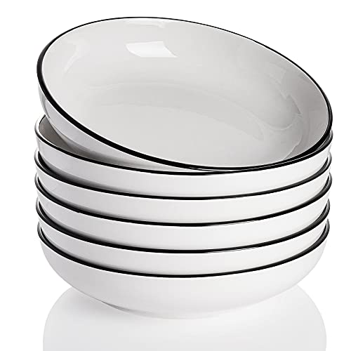 Vasa Casa Pasta Bowls, 24 Ounce White Ceramic Pasta Plates, Salad Serving Bowls Set, Wide and Shallow Design, Microwave and Dishwasher Safe, Set of 6