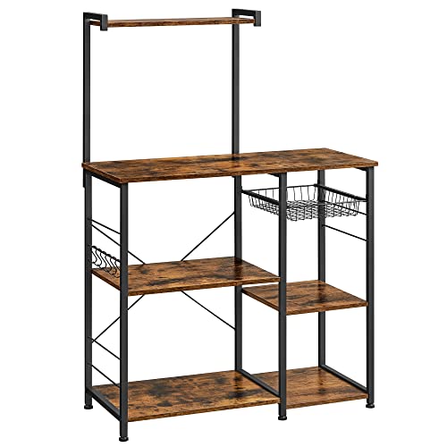 VASAGLE Baker's Rack, Microwave Stand, Kitchen Storage Rack with Wire Basket, 6 Hooks, and Shelves