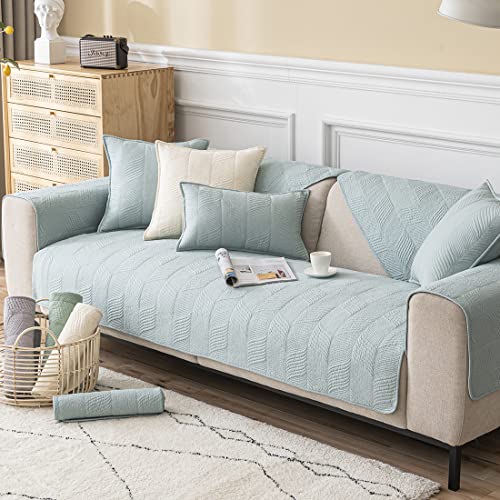 vctops Farmhouse Cotton Quilted Sofa Couch Cover Non-Slip Embroidery Sectional Couch Cover Solid Color Super Soft Sofa Slipcover Furniture Protector (Blue,28"x28")