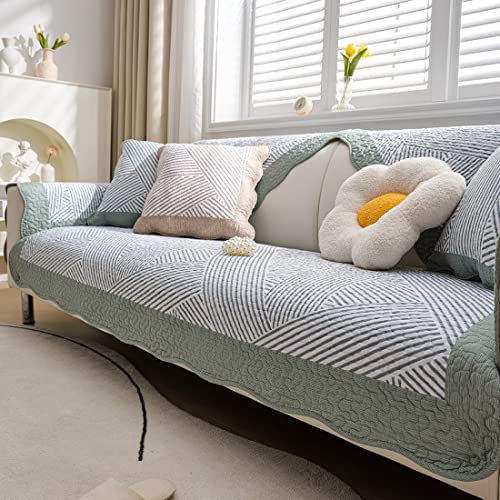 vctops Farmhouse Stripe Cotton Sofa Couch Cover Patchwork Quilted Sectional Couch Covers Non-Slip Soft Sofa Slipcover Washable Furniture Protector for Living Room (Greyish Green,47"x70")