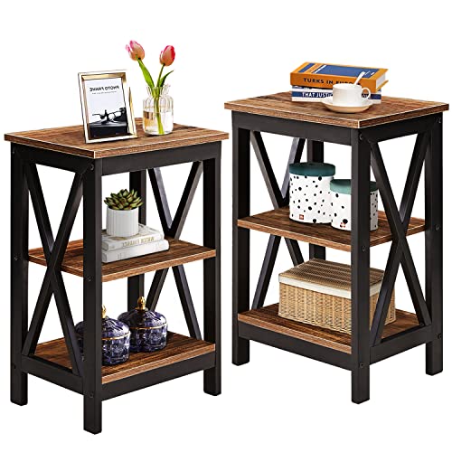 VECELO Retro Brown Side Tables with Storage Shelves