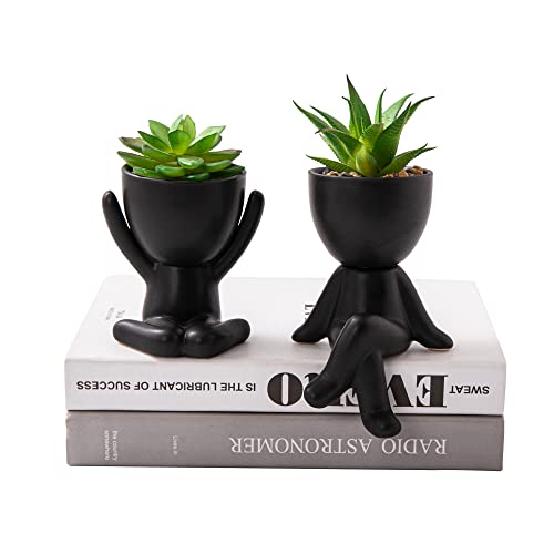 Veny Taya 2 PCS Unique Artificial Plants Succulents Office Decor for Women and Men, Small Fake Plants with Human-Shaped Pots, Cute Faux Plants Indoor for Office or Home Decoration, Black