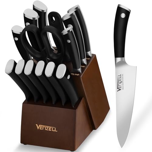 VENZELL 15 pcs Knife Set with Block and Sharpener