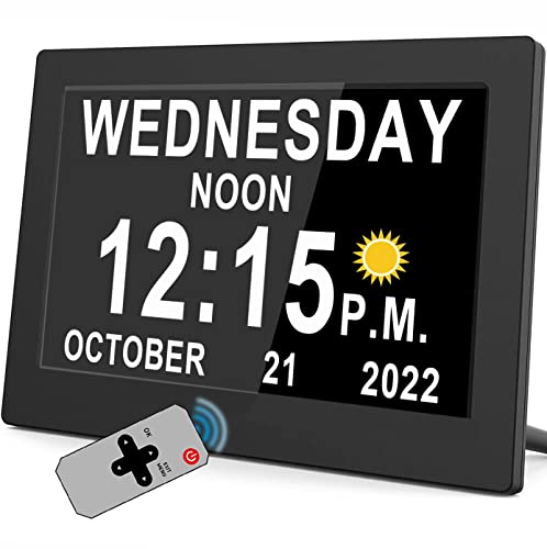 Véfaîî Newest,Dementia Clock with Auto DST & 15 Alarms, Day Clock with Sun/Moon Icons