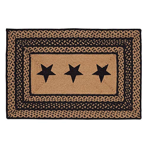 VHC Brands Farmhouse Jute Rectangular Rug with Stencil Stars 24x36 Country Braided Flooring, Country Black and Tan