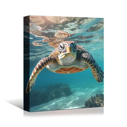 Vibrant Green Sea Turtle Canvas Wall Art - 12X16 inches