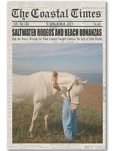 Vintage Beach Newspaper Poster Coastal Cowgirl Trendy Aesthetic Room Decor Preppy Cocktail Western Wall Art Beachy Room Decor for Teen Girls (C,12x18inch Unframe)