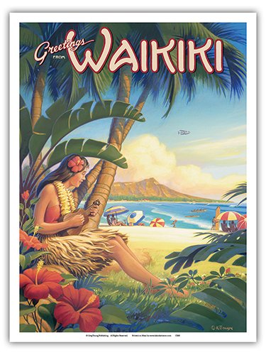 Vintage Hawaiian Travel Poster - Waikiki Ukulele Hula Girl