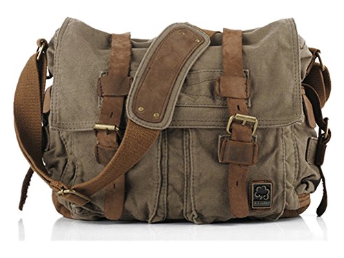 Vintage Military Leather Canvas Laptop Bag (Army Green)