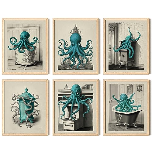 Vintage Octopus Decor - Octopus Bathroom Decor, Nautical Wall Art (8x10)