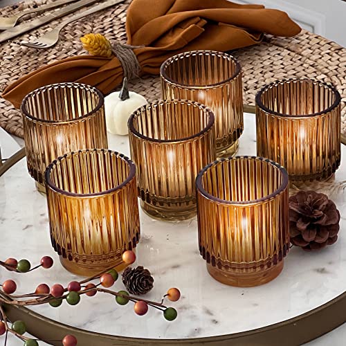 Vintage Ribbed Amber Glass Tealight & Votive Candle Holders