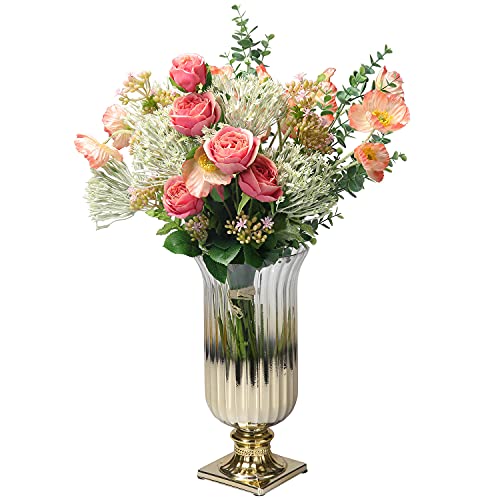 Vintage Style Brass Gradient Glass Vase with Floral Arrangement